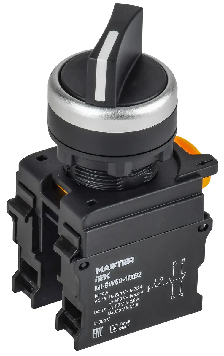 Переключатель длинная ручка на 2 положения 1NO+1NC чёрный MASTER IEK MI-SW60-11XB2-3-25-2-K02