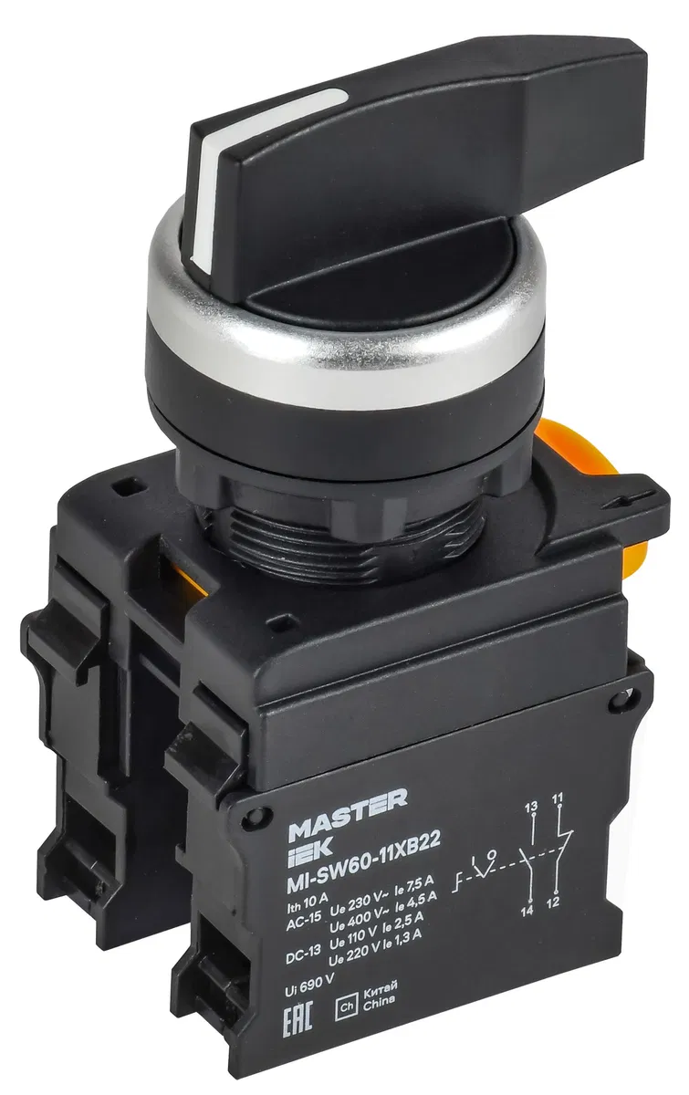 Переключатель длинная ручка на 2 положения возвратный 1NO+1NC MASTER IEK MI-SW60-11XB22-3-25-2-K02