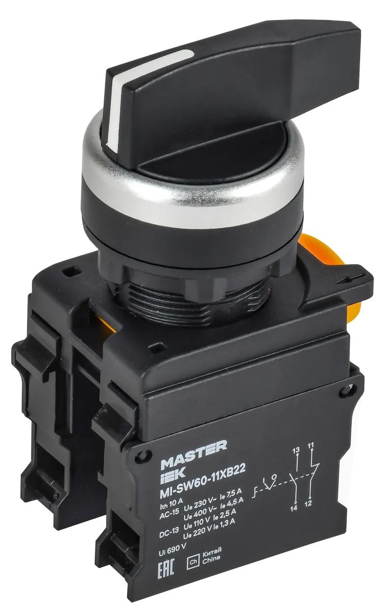 Переключатель длинная ручка на 2 положения возвратный 1NO+1NC MASTER IEK MI-SW60-11XB22-3-25-2-K02