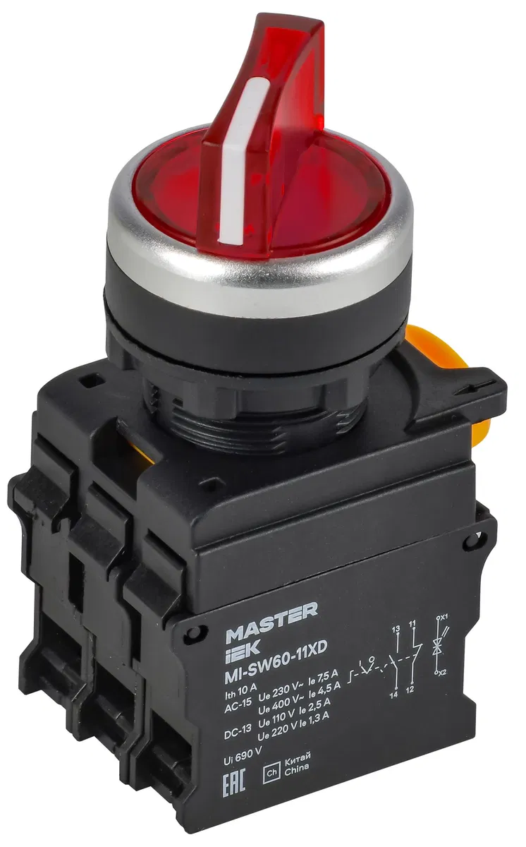 Переключатель с подсветкой на 2 положения 1NO+1NC красный MASTER IEK MI-SW60-11XD-3-14-2-K04