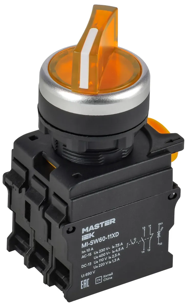 Переключатель с подсветкой на 2 положения 1NO+1NC жёлтый MASTER MI-SW60-11XD-3-14-2-K05 IEK