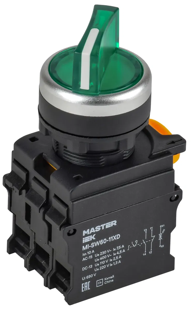 Переключатель с подсвесткой на 2 положения 1NO+1NC зелёный MASTER IEK MI-SW60-11XD-3-14-2-K06
