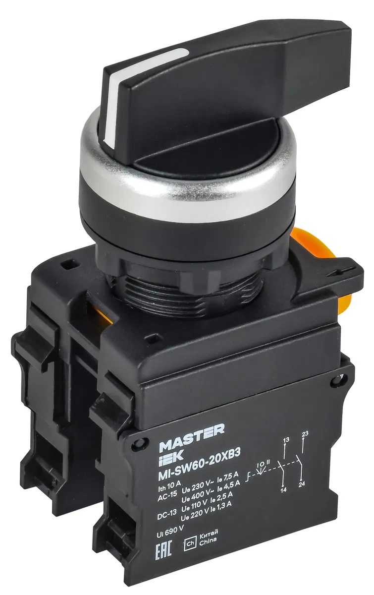Переключатель длинная ручка на 3 положения 2NO чёрный MASTER IEK MI-SW60-20XB3-4-25-3-K02
