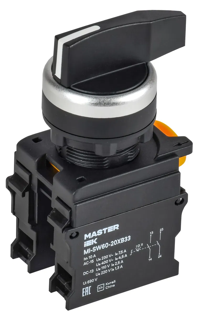 Переключатель длинная ручка на 3 положения возвратный 2NO MASTER IEK MI-SW60-20XB33-4-25-3-K02