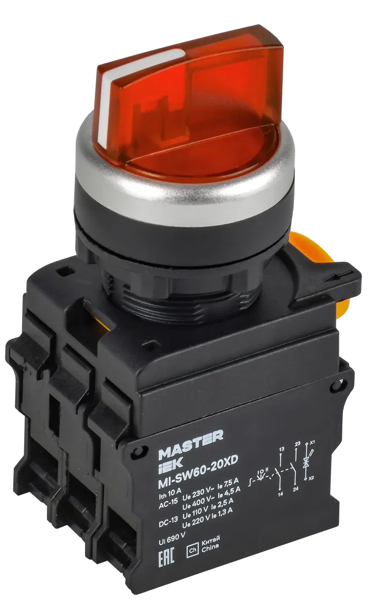 Переключатель с подсветкой на 3 положения 2NO красный MASTER IEK MI-SW60-20XD-4-14-3-K04