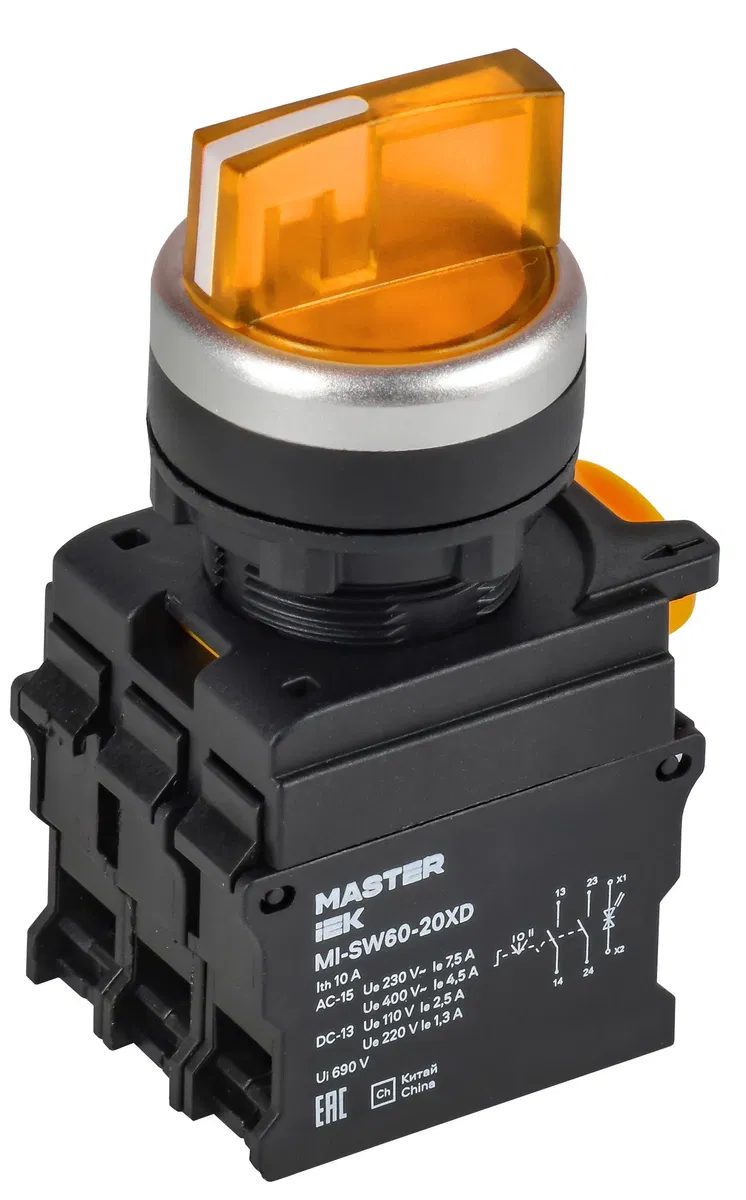 Переключатель с подсветкой на 3 положения 2NO жёлтый MASTER IEK MI-SW60-20XD-4-14-3-K05