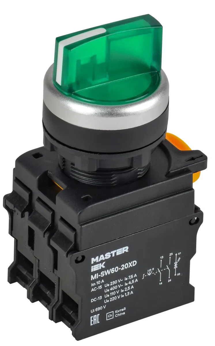 Переключатель с подсветкой на 3 положения 2NO зеленый MASTER IEK MI-SW60-20XD-4-14-3-K06