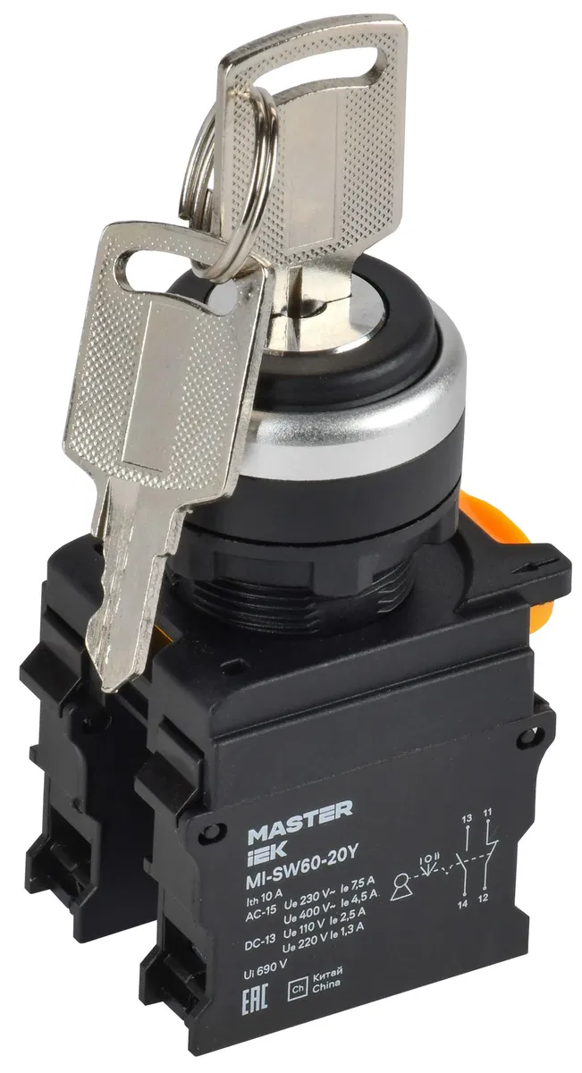 Переключатель с ключом на 3 положения 2NO чёрный MASTER IEK MI-SW60-20Y-3-34-3-K02