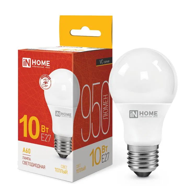 LED lamp LED-A60-VC 10W pear-shaped 3000K warm white E27 950lm 230V IN HOME 4690612020204