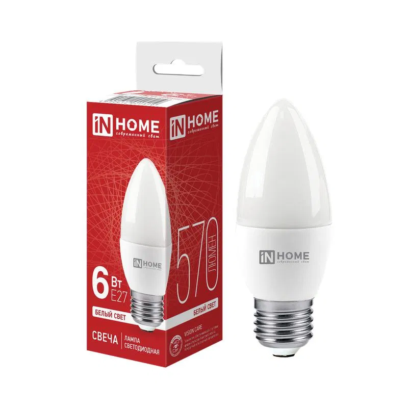 LED lamp LED-CANDLE-VC 6W candle 4000K neutral white E27 570lm 230V IN HOME 4690612020419