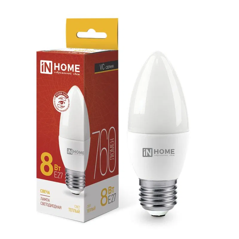 LED bulb LED-CANDLE-VC 8W candle 3000K warm white E27 760lm 230V IN HOME 4690612020440