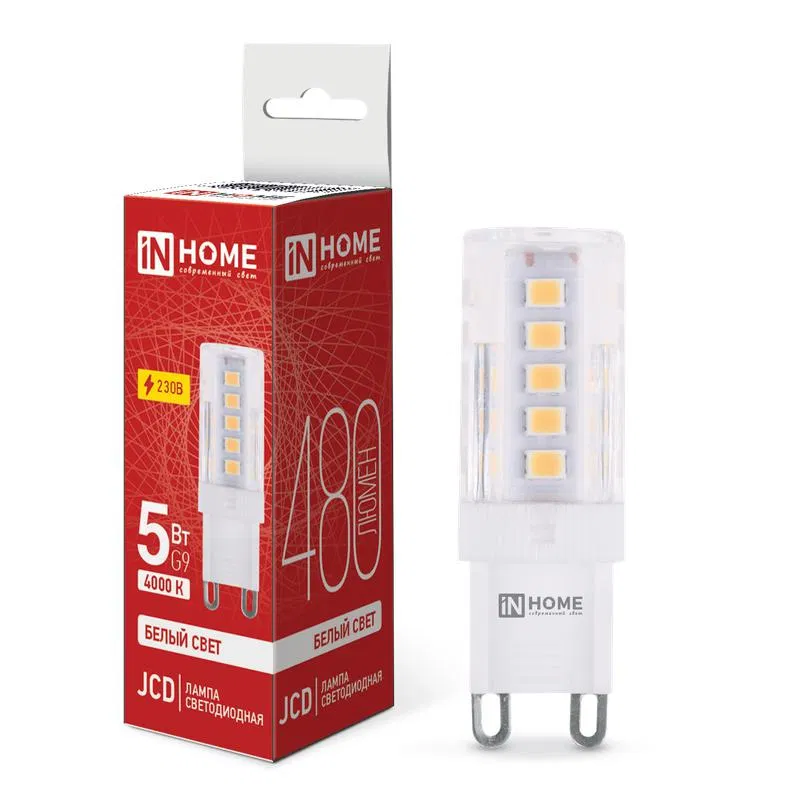 Лампа светодиодная LED-JCD 5Вт капсульная прозрачная 4000К нейтр. бел. G9 480лм 230В IN HOME 4690612036328