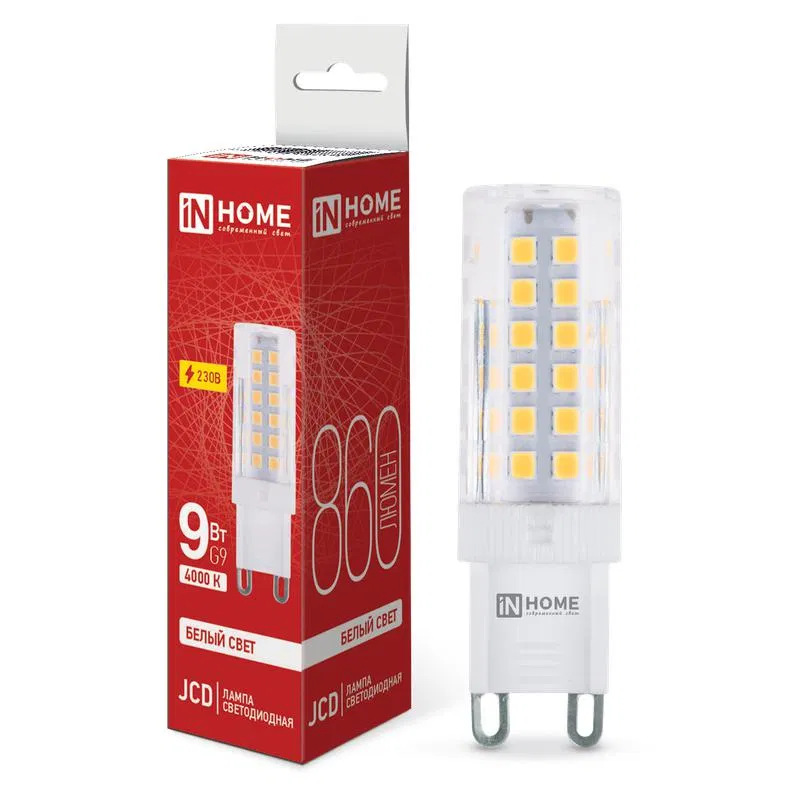 Лампа светодиодная LED-JCD 9Вт капсульная прозрачная 4000К нейтр. бел. G9 860лм 230В IN HOME 4690612036380