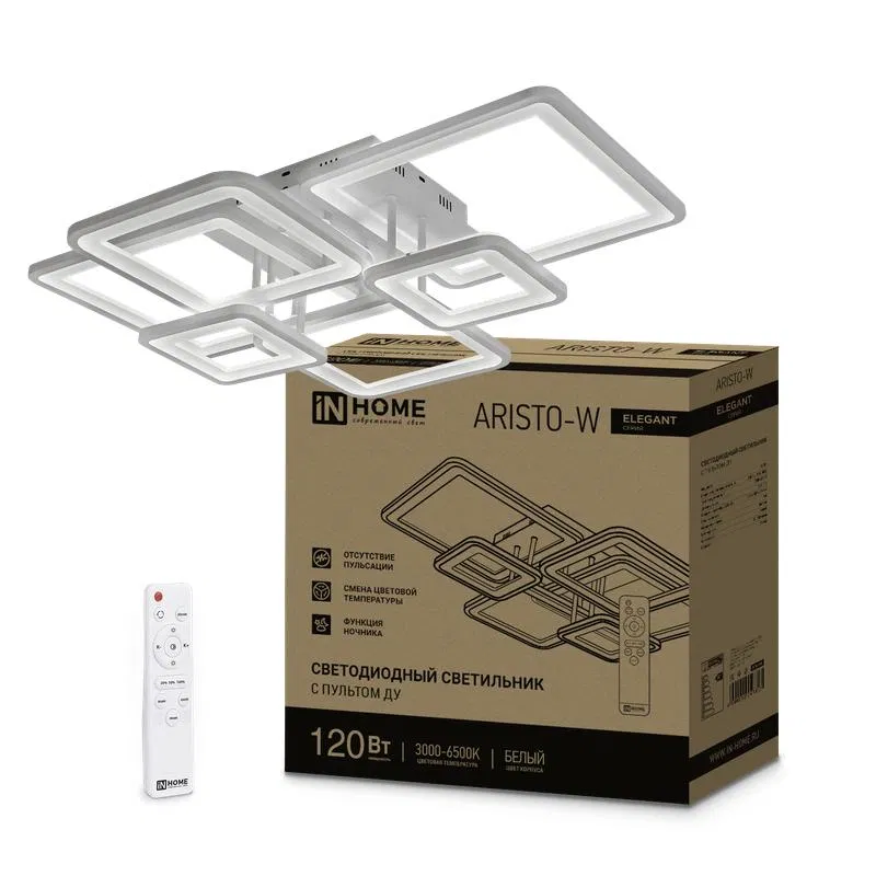 Светильник светодиодный ELEGANT ARISTO-W 120Вт 3000-6500К 8400лм 230В 686х587х151мм пульт ДУ бел. IN HOME 4690612047317