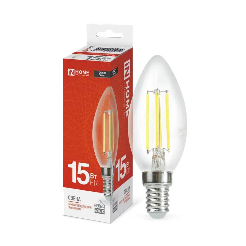 Лампа светодиодная филаментная LED-СВЕЧА-deco свеча прозрачная 15Вт 230В E14 4000К 1455лм IN HOME 4690612055954