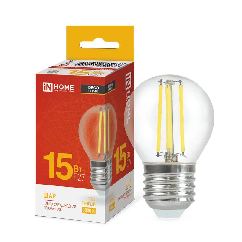 Лампа светодиодная филаментная LED-ШАР-deco шар прозрачная 15Вт 230В E27 3000К 1435лм IN HOME 4690612055978