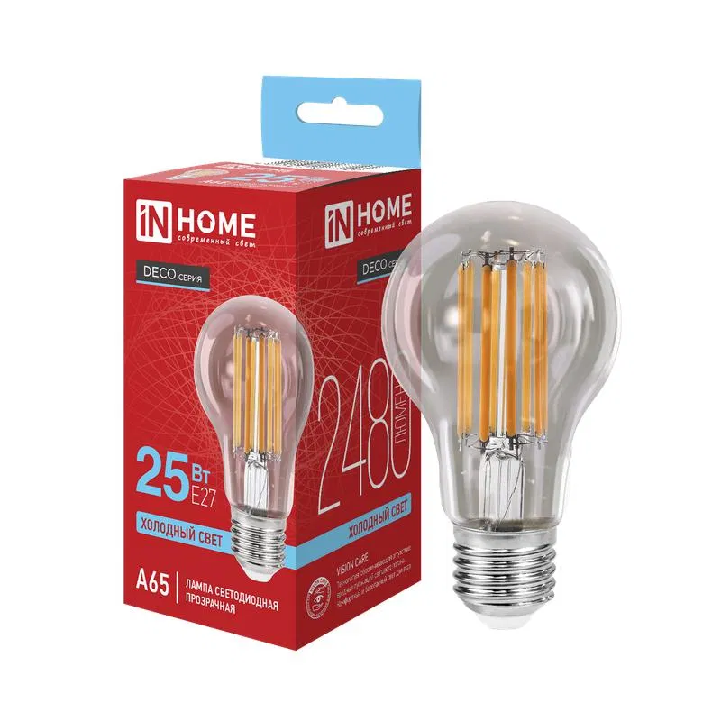 Лампа светодиодная LED-A65-deco 25Вт прозрачная 6500К E27 2480лм 230В IN HOME 4690612063195