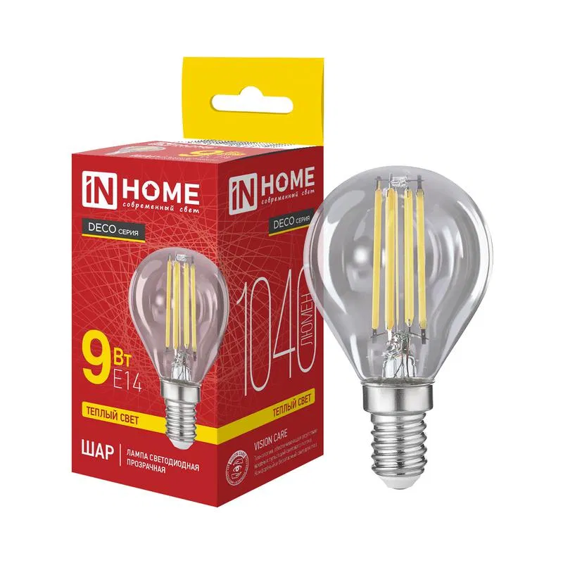 Лампа светодиодная LED-ШАР-deco 9Вт шар прозрачная 3000К E14 1040лм 230В IN HOME 4690612063317