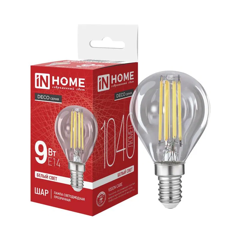 Лампа светодиодная LED-ШАР-deco 9Вт шар прозрачная 4000К E14 1040лм 230В IN HOME 4690612063324