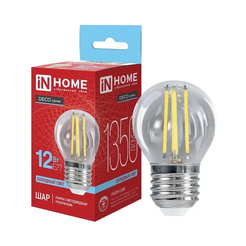 Лампа светодиодная LED-ШАР-deco 12Вт шар прозрачная 6500К E27 1350лм 230В IN HOME 4690612063355