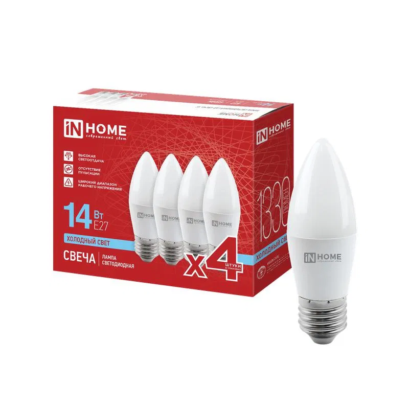 Лампа светодиодная LED-СВЕЧА-VC 4PACK 14Вт свеча 6500К E27 1330лм 230В (уп.4шт) IN HOME 4690612066738