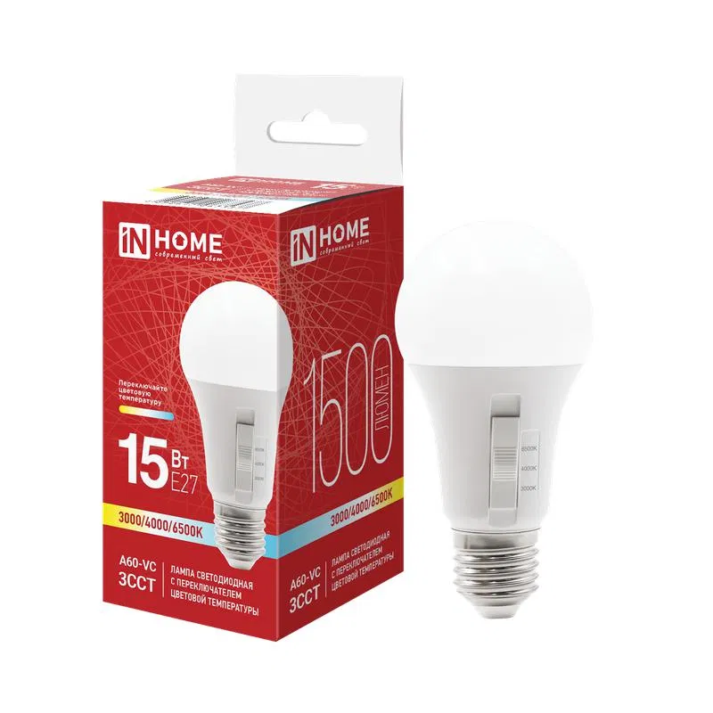 Лампа светодиодная LED-A60-VC 15Вт 3ССТ 3000/4000/6500К E27 1500лм 230В с переключателем на лампе IN HOME 4690612067537