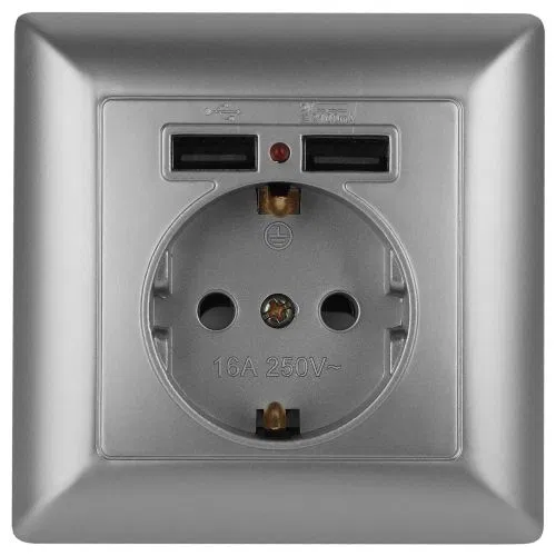 Розетка 1-м СП Solo 4-410-03 P+E Schuko 16А 250В + 2хUSB IP20 с заземл. защ. шторки алюм. Intro Б0053715