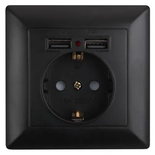 Розетка 1-м СП Solo 4-410-05 P+E Schuko 16А 250В + 2хUSB IP20 с заземл. защ. шторки антрацит Intro Б0053717