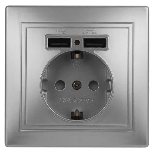 Розетка 1-м СП Plano 1-410-03 16А IP20 + 2хUSB алюм. Intro Б0053944