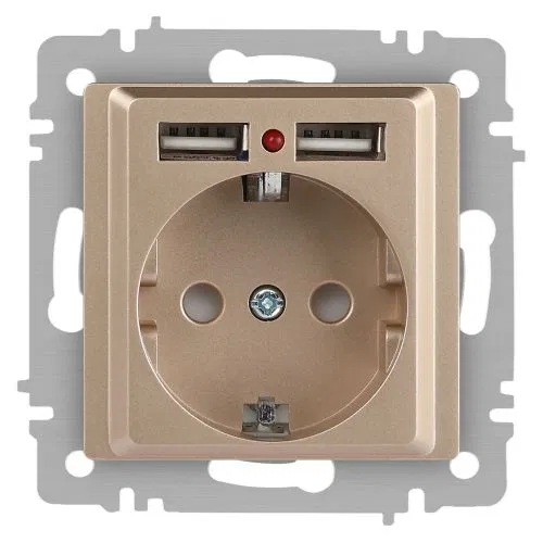 Розетка 1-м СП Accent 6-410-04 16А IP20 250В P+E Schuko + 2хUSB защ. шторки шампань Intro Б0063696