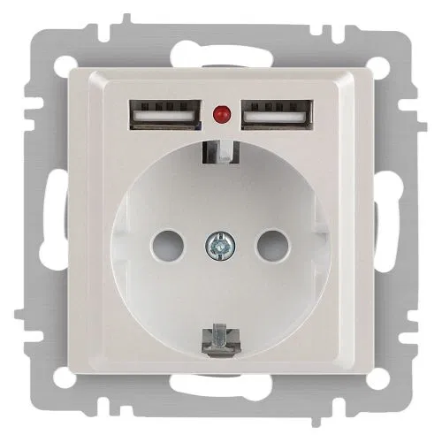 Розетка 1-м СП Accent 6-410-06 16А IP20 250В P+E Schuko + 2хUSB защ. шторки перламутр. Intro Б0063700