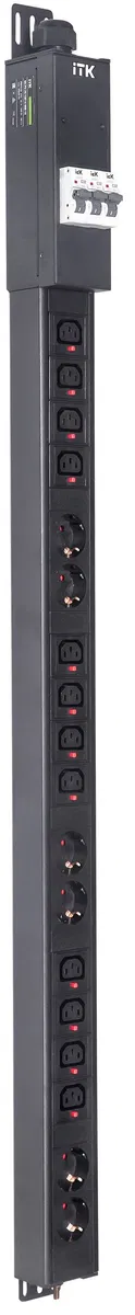 ITK BASE PDU вертикальный PV1113 25U 3 фазы 32А 6 розеток SCHUKO (немецкий стандарт) + 12 розеток C13 с клеммной колодкой и кабелем 3м вилка IEC60309 (промышленная) BS-PV-43-12C13-06D-13