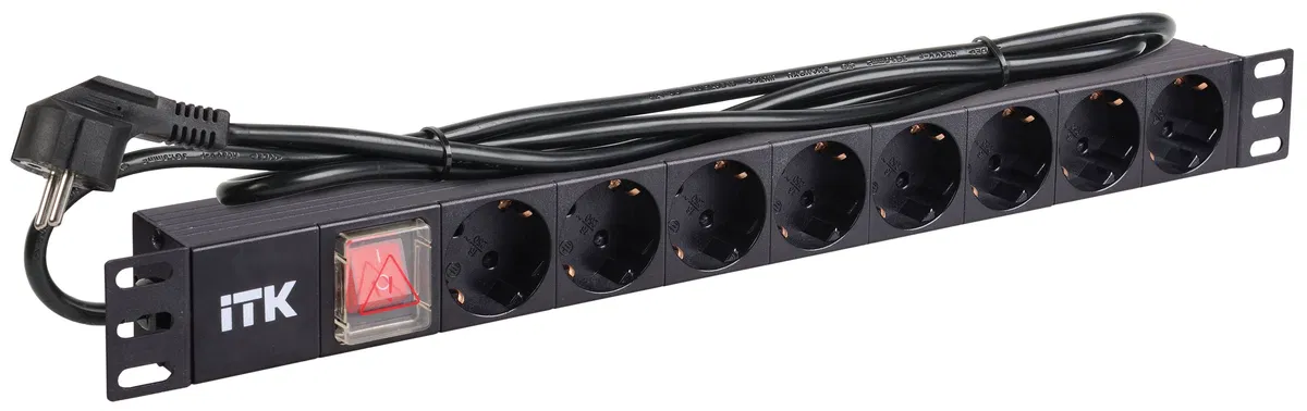 ITK PDU 8 розеток нем. стандарт, с LED выключателем, 1U, шнур 2м вилка нем. стандарт, алюминиевый профиль PH12-8D1