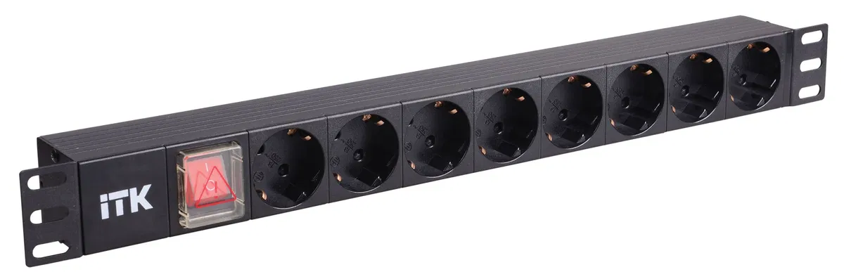 ITK PDU 8 розеток нем. стандарт, с LED выключателем,1U, без шнура, вх. C14, алюминиевый профиль PH12-8D3