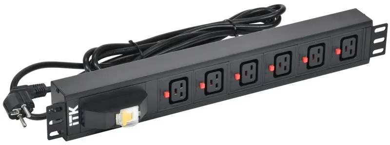 Блок розеток 6 мест PDU C19 с фиксатором вилки с автоматом на 16А 1.5U кабель 3м вилка нем. станд. алюм. профиль черн. ITK PH21-06C19-11