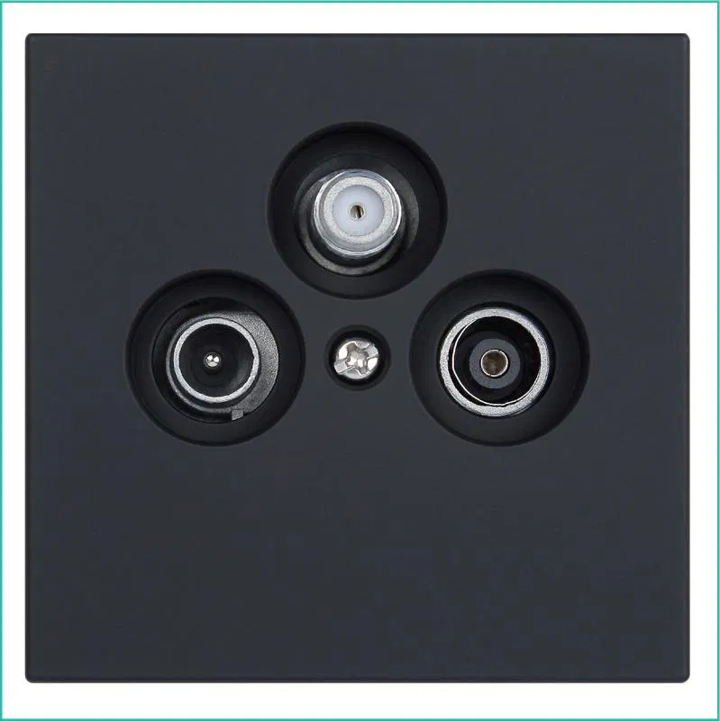 Розетка телевизионная проходная TV + FM + SAT 3-м СП FD Ф9.5мм с накладкой механизм черн. матов. soft touch Jasmart FD6207PBM