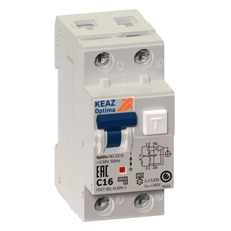 2P (1P+N) 剩余电流保护开关 C 25A 30mA Type A 6kA OptiDin D63 УХЛ4 2mod. КЭАЗ 103509