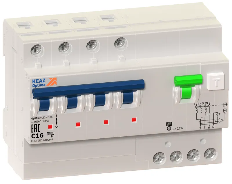 4P C 10A 300mA Type A 6kA OptiDin VD63 УХЛ4 КЭАЗ 145736 differential current circuit breaker