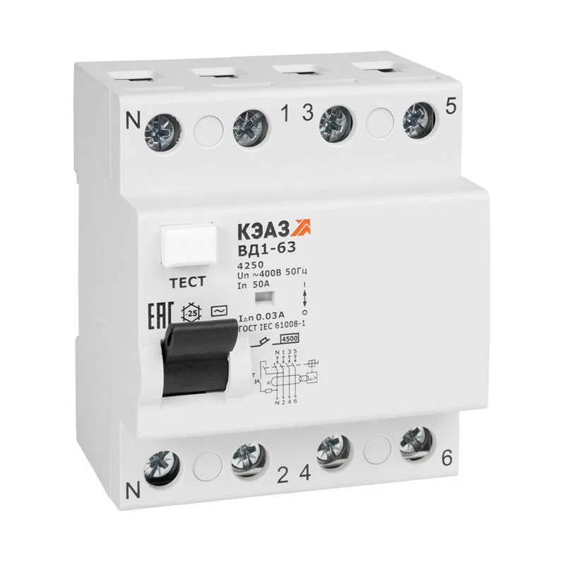 剩余电流动作保护器 (RCD) 4p 16A 30mA type AC ВД1-63 4216 УХЛ4 КЭАЗ 221946