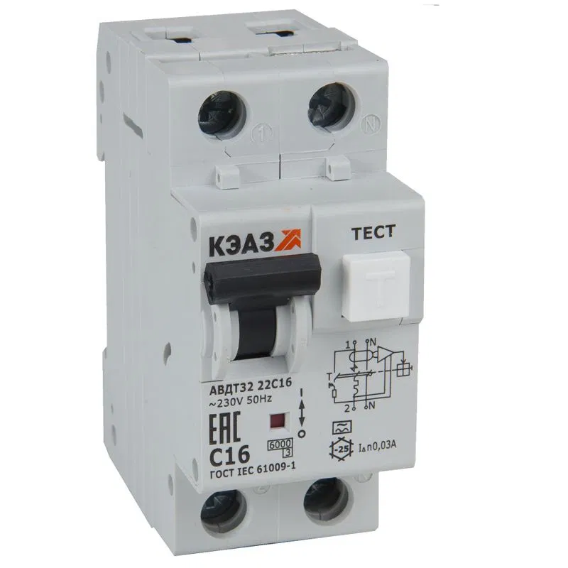 差分电流断路器 2P C 6A 30mA Type A 6kA АВДТ32-22C6 A УХЛ4 КЭАЗ 228063