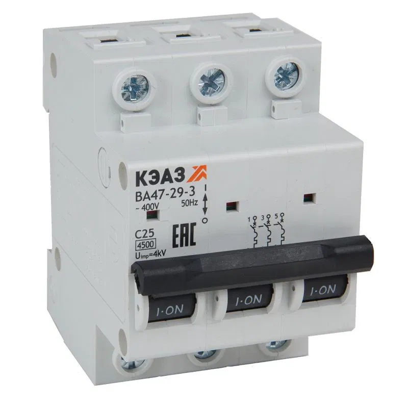 Выключатель автоматический модульный 3п D 63А 4.5кА ВА47-29-3D63-УХЛ3 КЭАЗ 318312