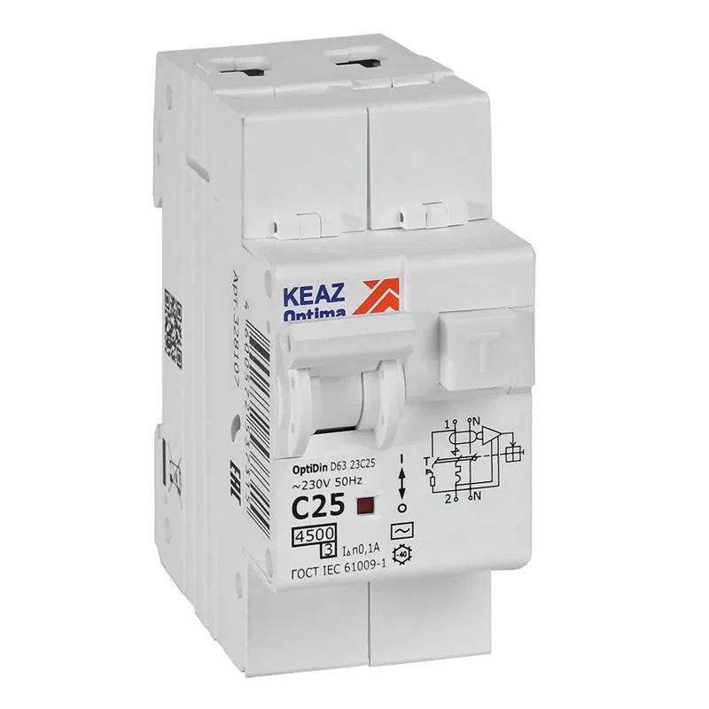Выключатель автоматический дифференциального тока 2п OptiDin D63-23C25-AC-У3 C25 100мА 4.5кА с защитой от сверхтоков КЭАЗ 328107