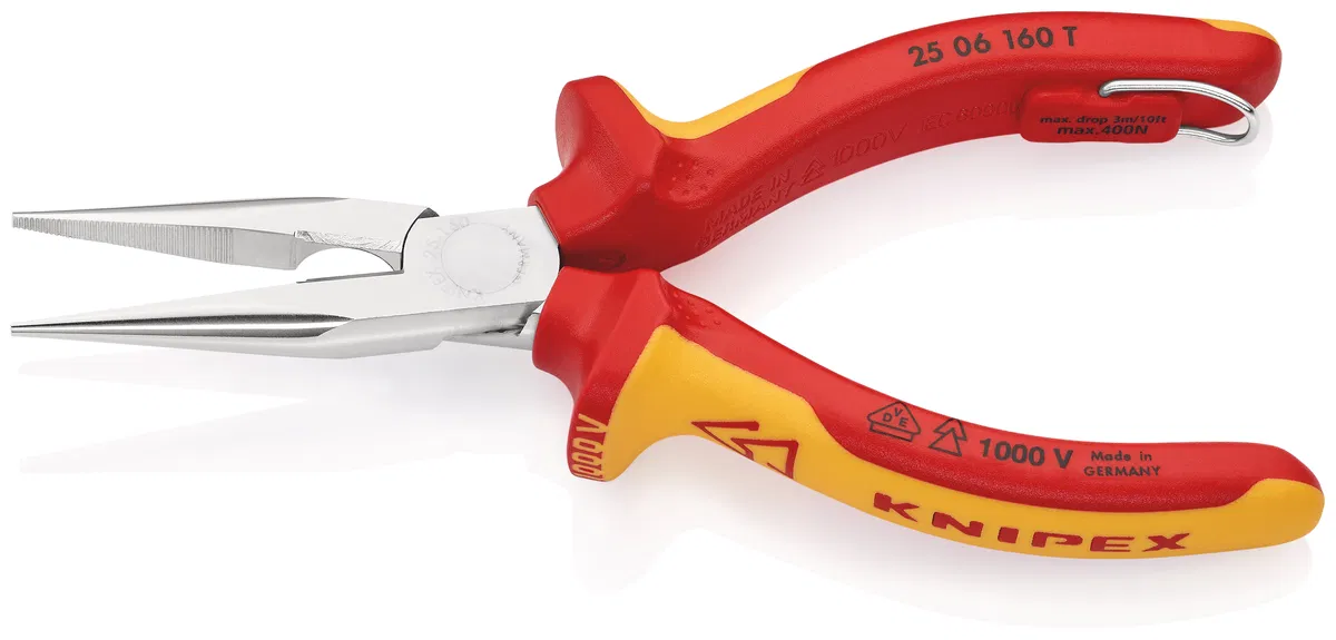 钳形剪 (无线电维修钳) VDE 半圆直嘴 L-160mm 镀铬 Knipex KN-2506160T