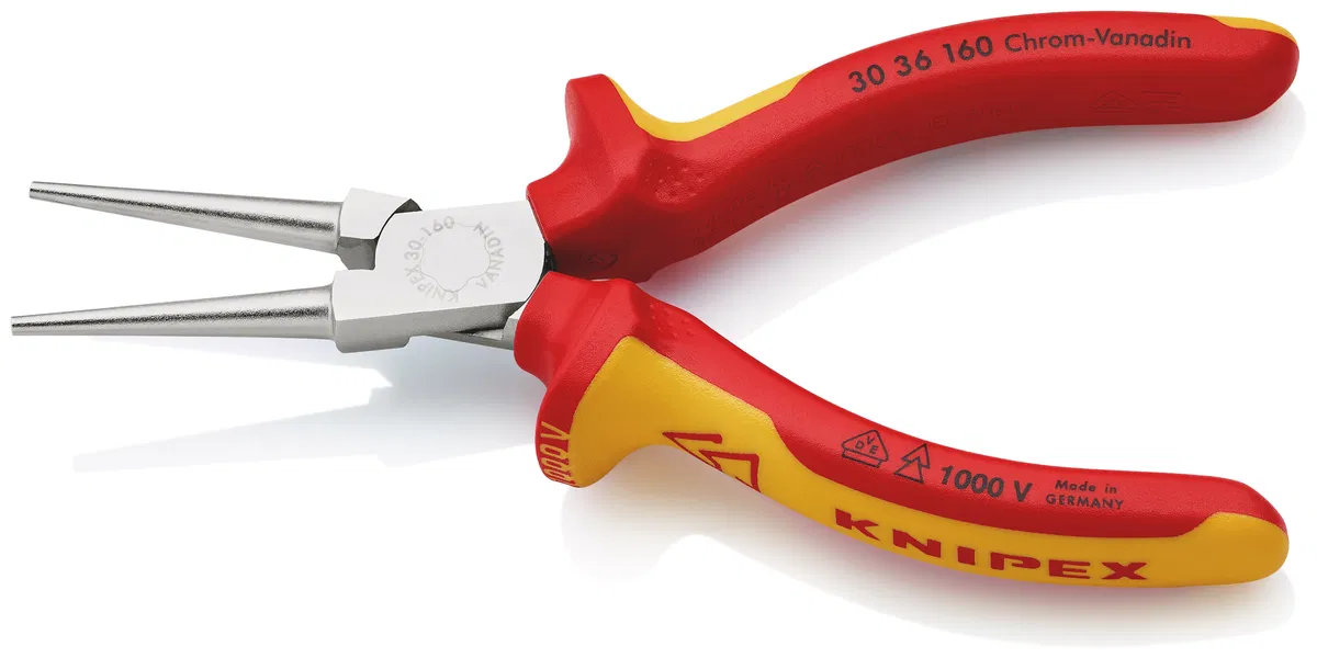 VDE 1000V round nose pliers smooth jaws 41mm L160mm dielectric chrome two-component handles Knipex KN-3036160