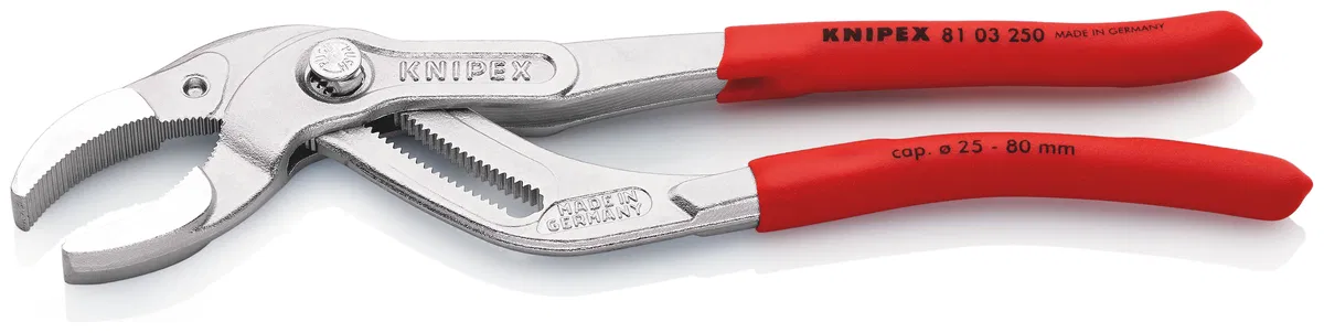 Adjustable pipe pliers d 25-80mm for oil filter siphons and plastic pipes L-250mm Cr-V chrome. Knipex KN-8103250