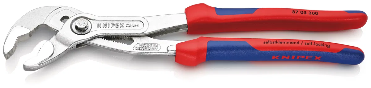 Adjustable pliers with locking mechanism 70mm (2 3/4 inch) hex key 60mm L300mm Cr-V chrome. two-component handles Knipex KN-8705300