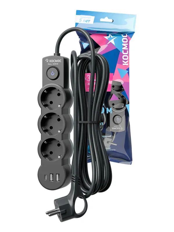 Удлинитель 3х1.5м с заземл. 10А IP20 USB 2800Вт 220В ПВС 3х1 с выкл. черн. КОСМОС YKsm1.5m3g-Z-VU10А-B YKsm1.5m3g-Z-VU10A-B