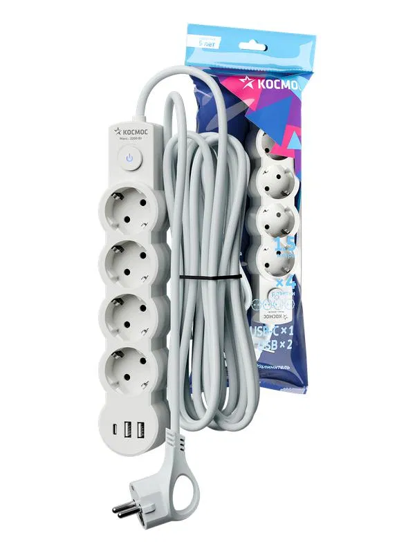 Удлинитель 3х1.5м с заземл. 10А IP20 USB 2500Вт 220В ПВС 3х1 с выкл. бел. КОСМОС YKsm1.5m4g-Z-VU10А-W YKsm1.5m4g-Z-VU10A-W