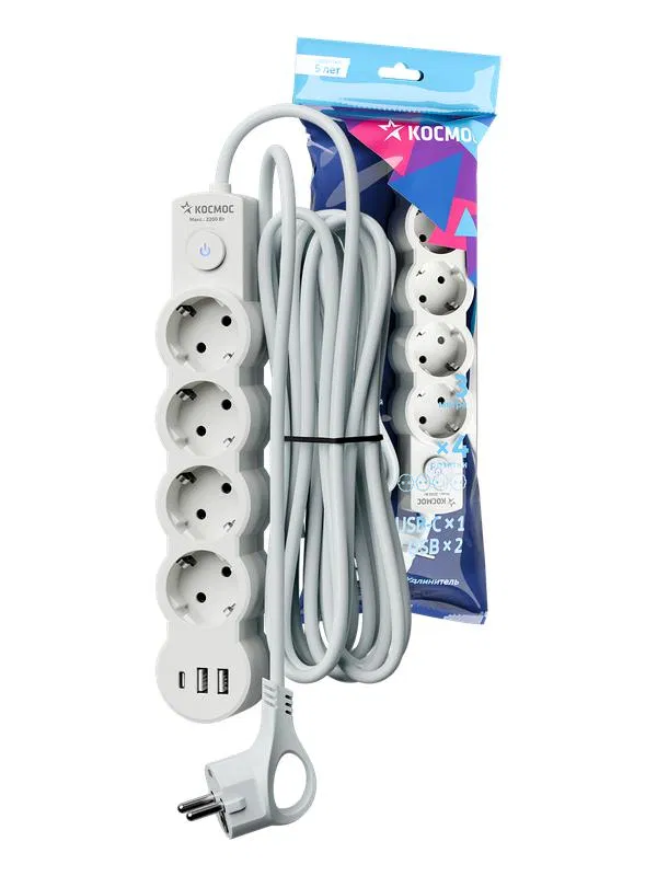 Удлинитель 3х3м с заземл. 10А IP20 USB 2500Вт 220В ПВС 3х1 с выкл. бел. КОСМОС YKsm3m4g-Z-VU10А-W YKsm3m4g-Z-VU10A-W