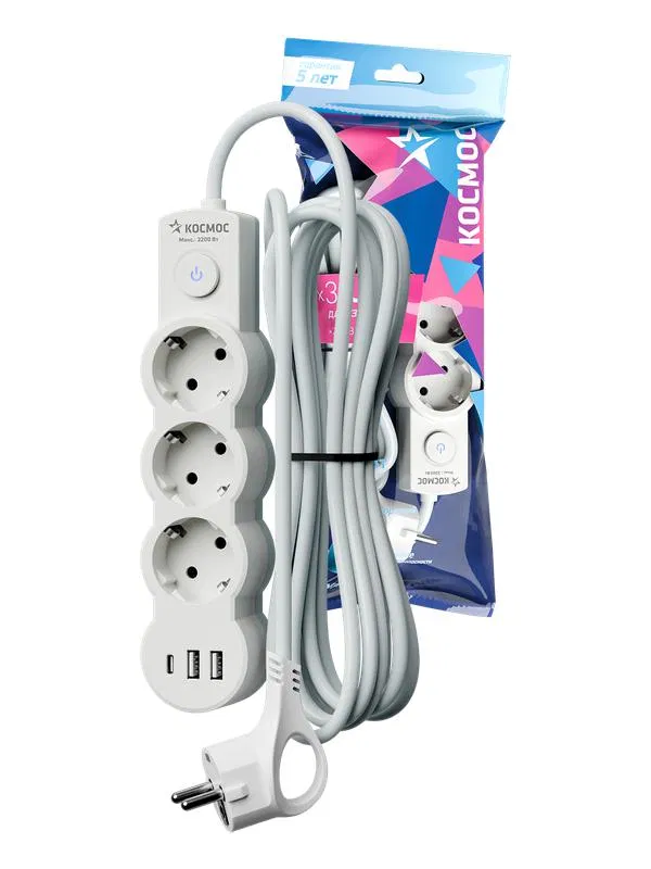 Удлинитель 3х5м с заземл. 10А IP20 USB 2800Вт 220В ПВС 3х1 с выкл. бел. КОСМОС YKsm5m3g-Z-VU10А-W YKsm5m3g-Z-VU10A-W